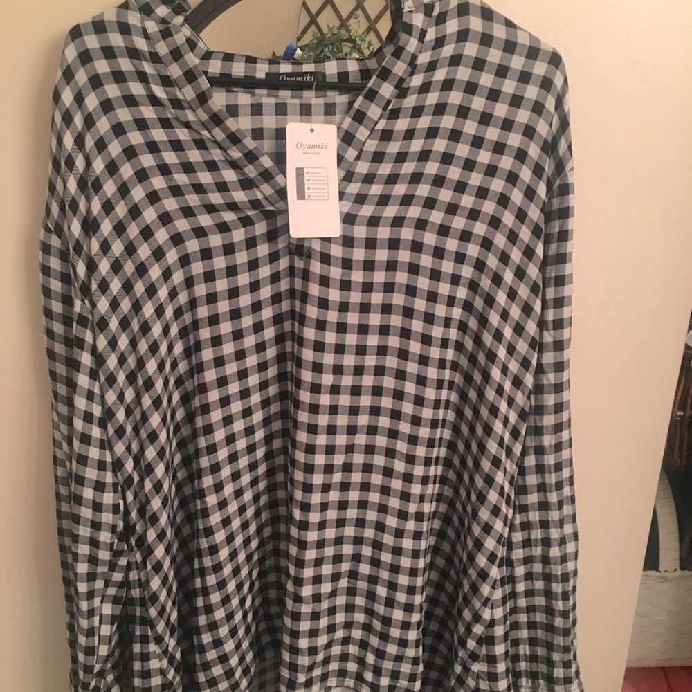 Oyamiki Long Sleeve Checkered pullover blouse